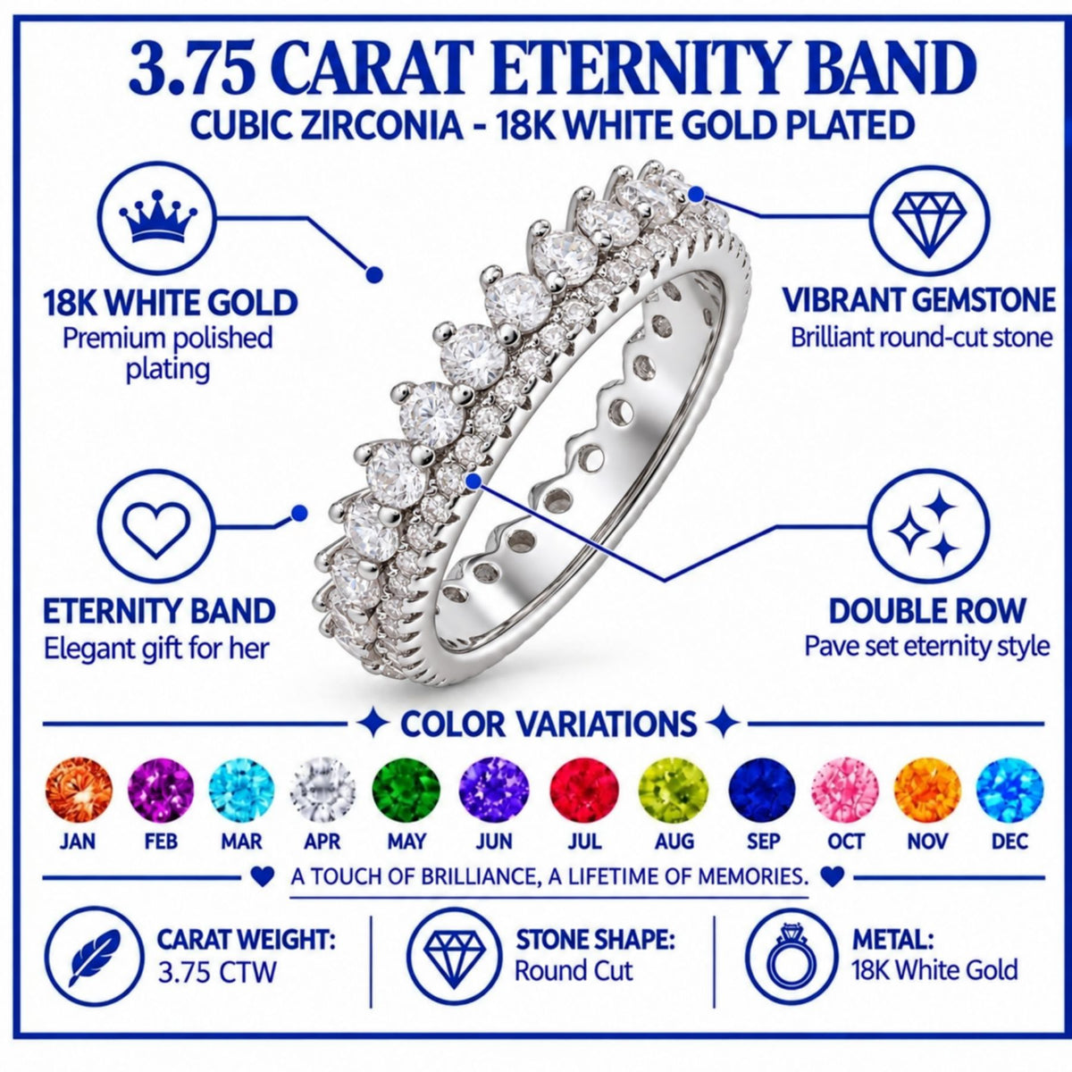 JeenMata 3.75 Carat Round Cut Dowble Row April Birthstone Ring for Her, Cubic Zirconia Eternity Wedding Band Ring, Anniversary Ring in 18K White Gold Plating for Women