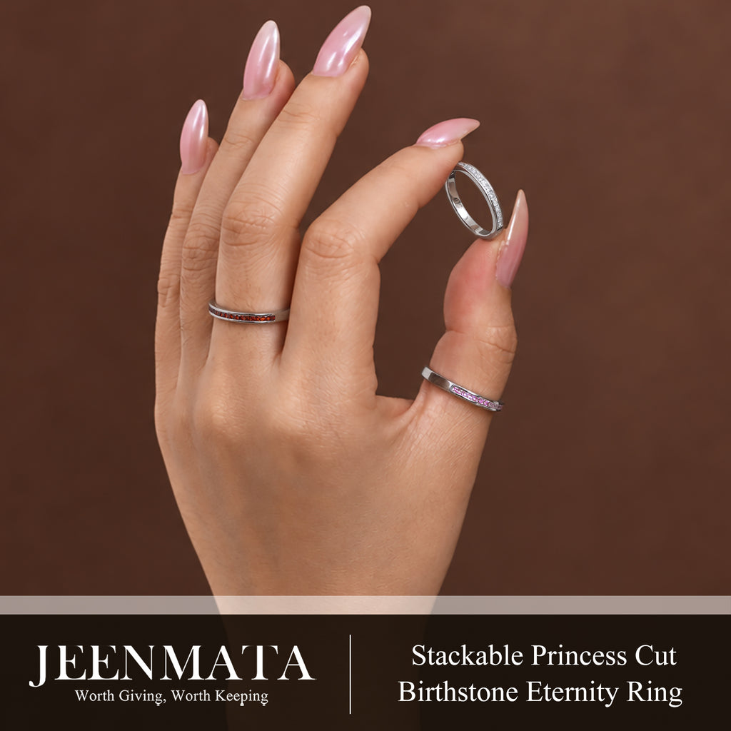 JeenMata 0.25 Carat Princess Cut April Birthstone Wedding Band - Pave Channel Band - 18K White Gold Plating for Women