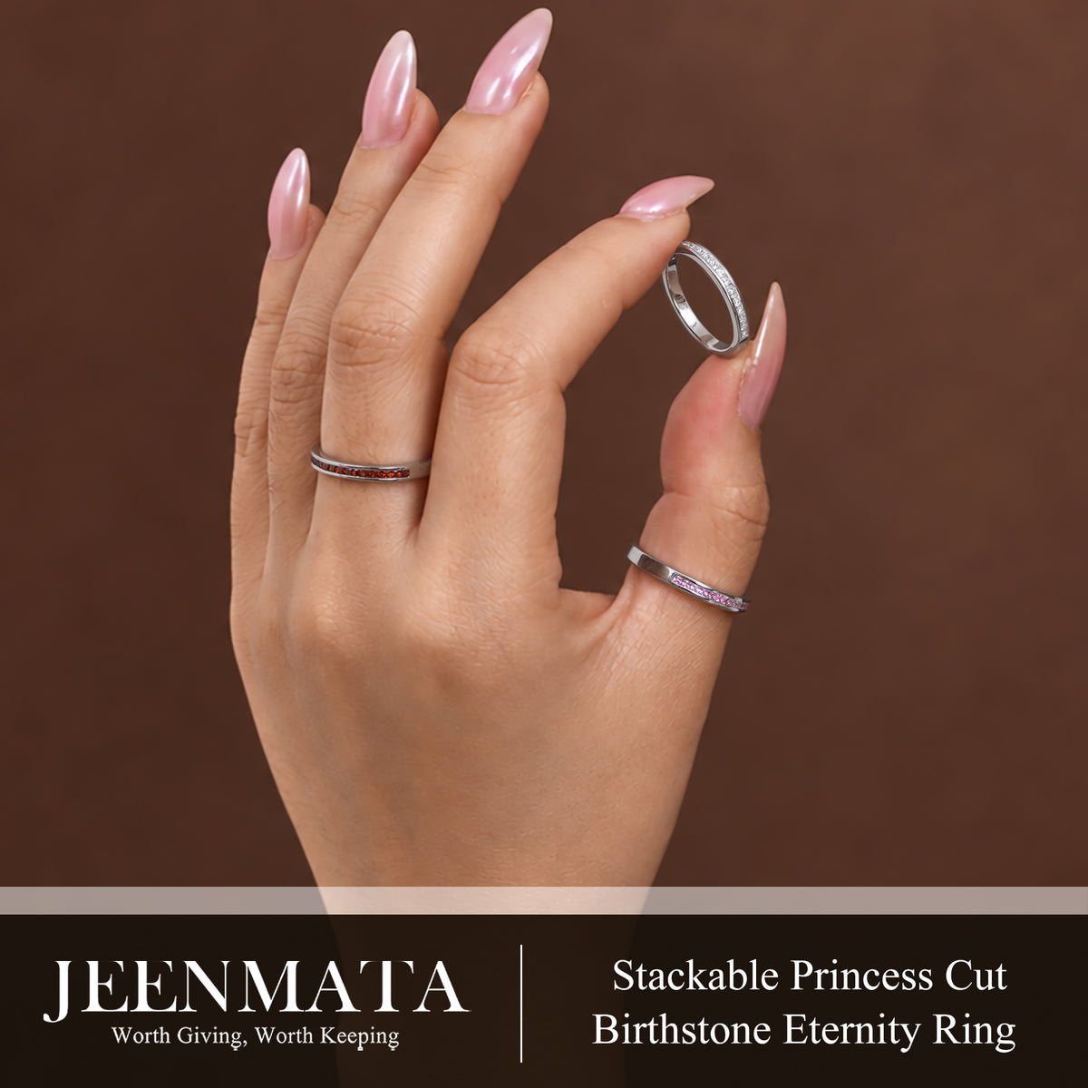 JeenMata 0.25 Carat Princess Cut April Birthstone Wedding Band - Pave Channel Band - 18K White Gold Plating for Women
