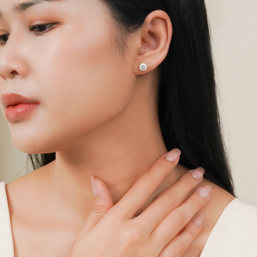 JeenMata Lab Grown Diamond Earrings 1.25 Carat Round Cut 18K Yellow Gold Plated Solitaire Studs for Women