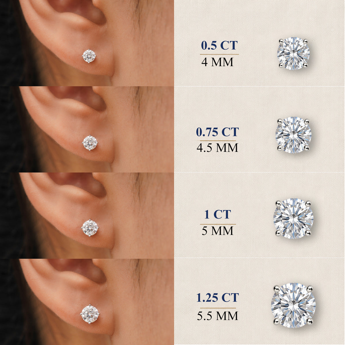 JeenMata Lab Grown Diamond Earrings 0.75 Carat Round Cut 18K White Gold Plated Solitaire Studs for Women