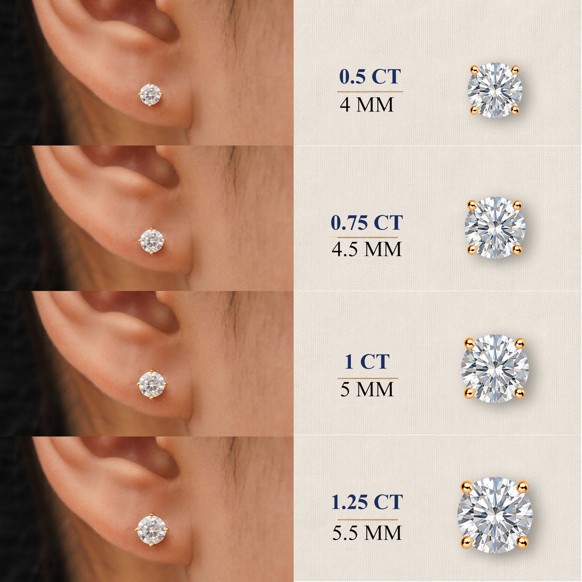 JeenMata Lab Grown Diamond Earrings 0.75 Carat Round Cut 18K Yellow Gold Plated Solitaire Studs for Women