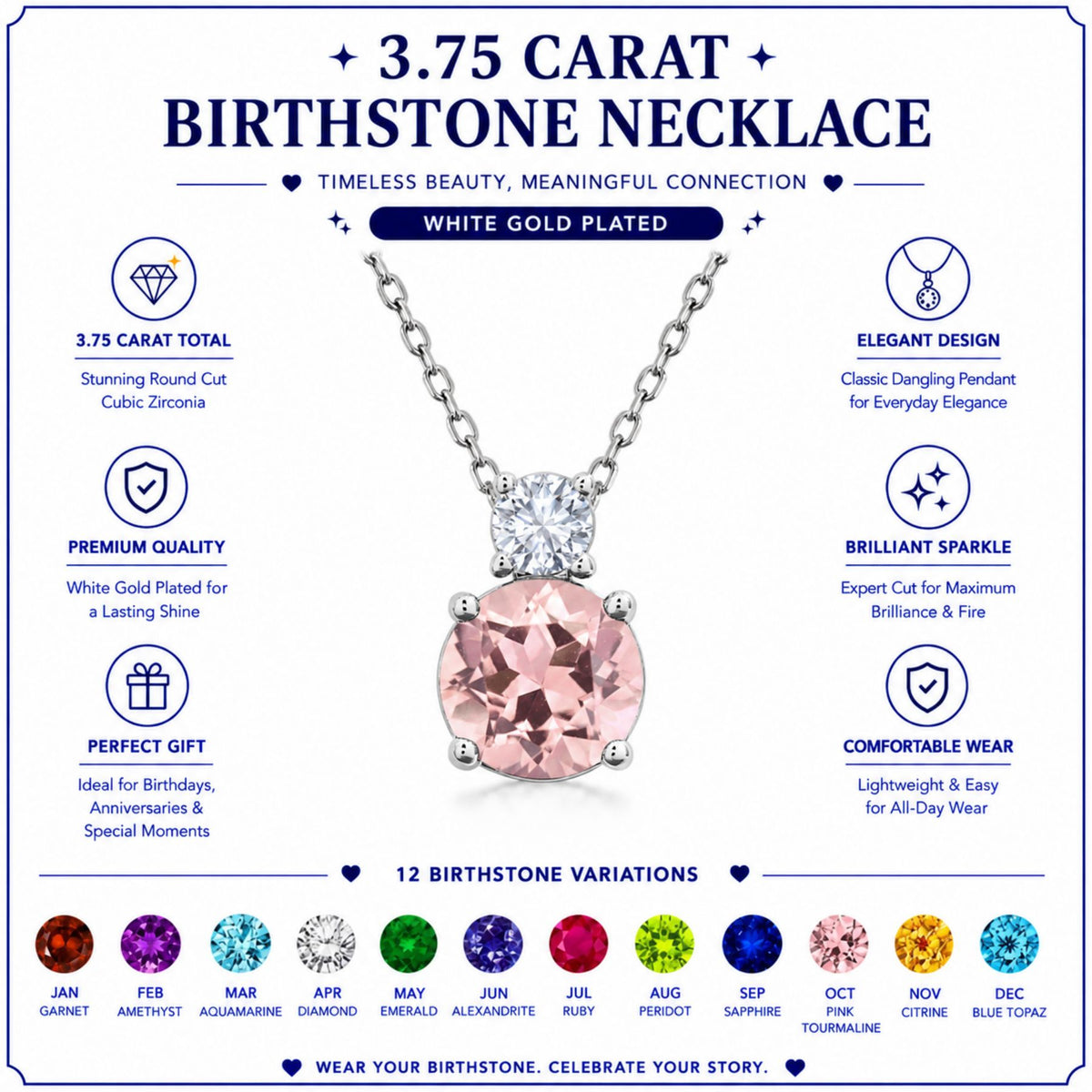 JeenMata 3.75 Carat October Pink Tourmaline Birthstone Necklace - Dangling Round Cut Necklace Pendant in White Gold Plating for Women