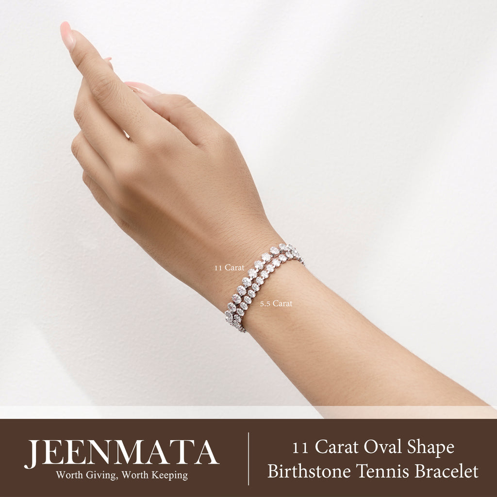 JeenMata 11 TCW April Cubic Zirconia - Oval Cut Birthstone Tennis Bracelet for Women in Eternity Design - White Gold Plating, Female, Adult