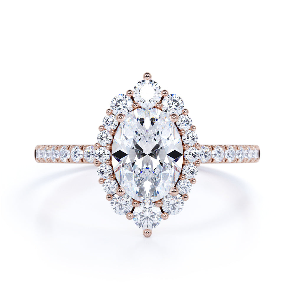 Pave 1.50 Carat Oval Moissanite Halo Engagement Ring