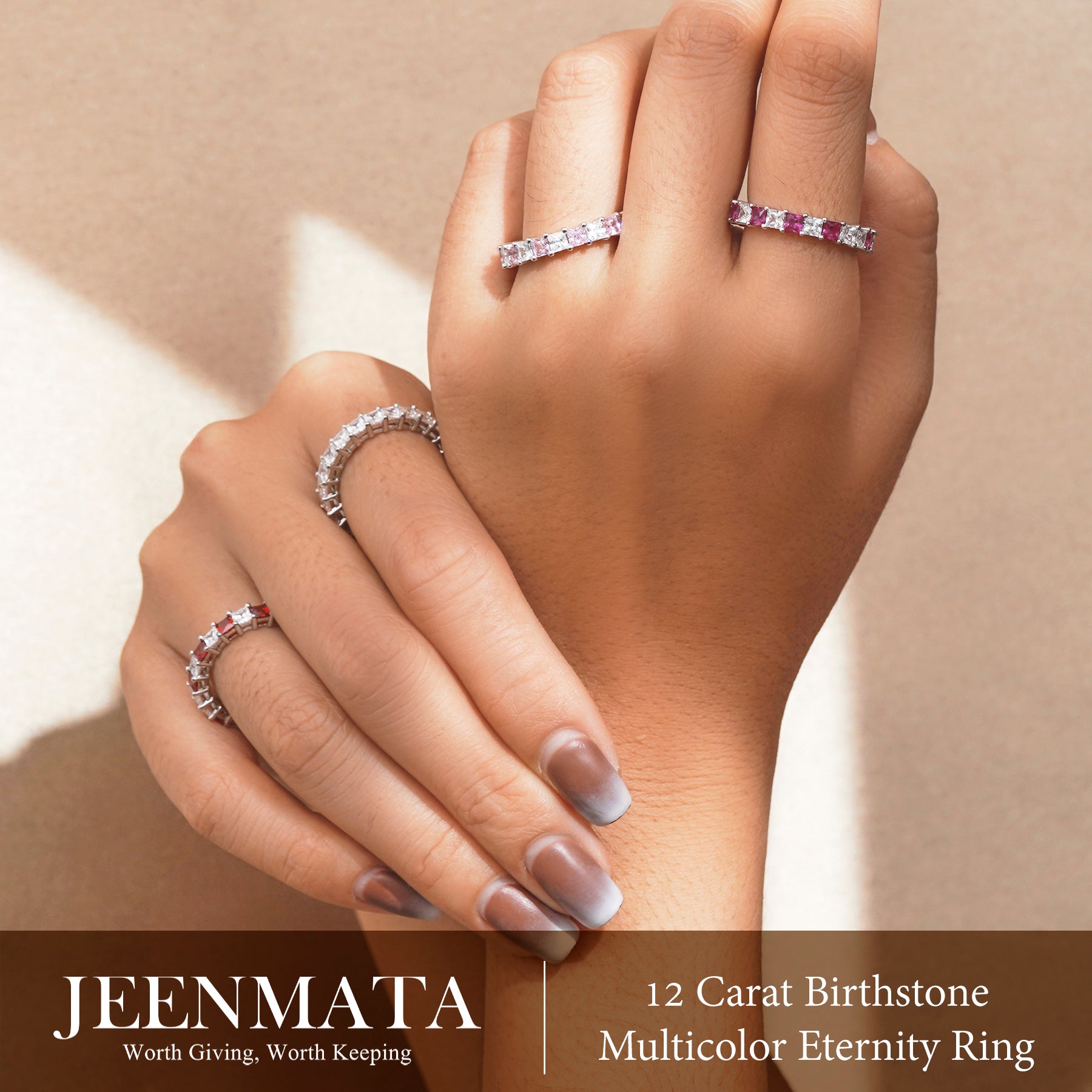JeenMata 12 Carat Princess Cut October Birthstone - Multicolor Eternity Wedding Band - Pink Tourmaline & Cubic Zirconia Rings in 18K White Gold Plating for Women