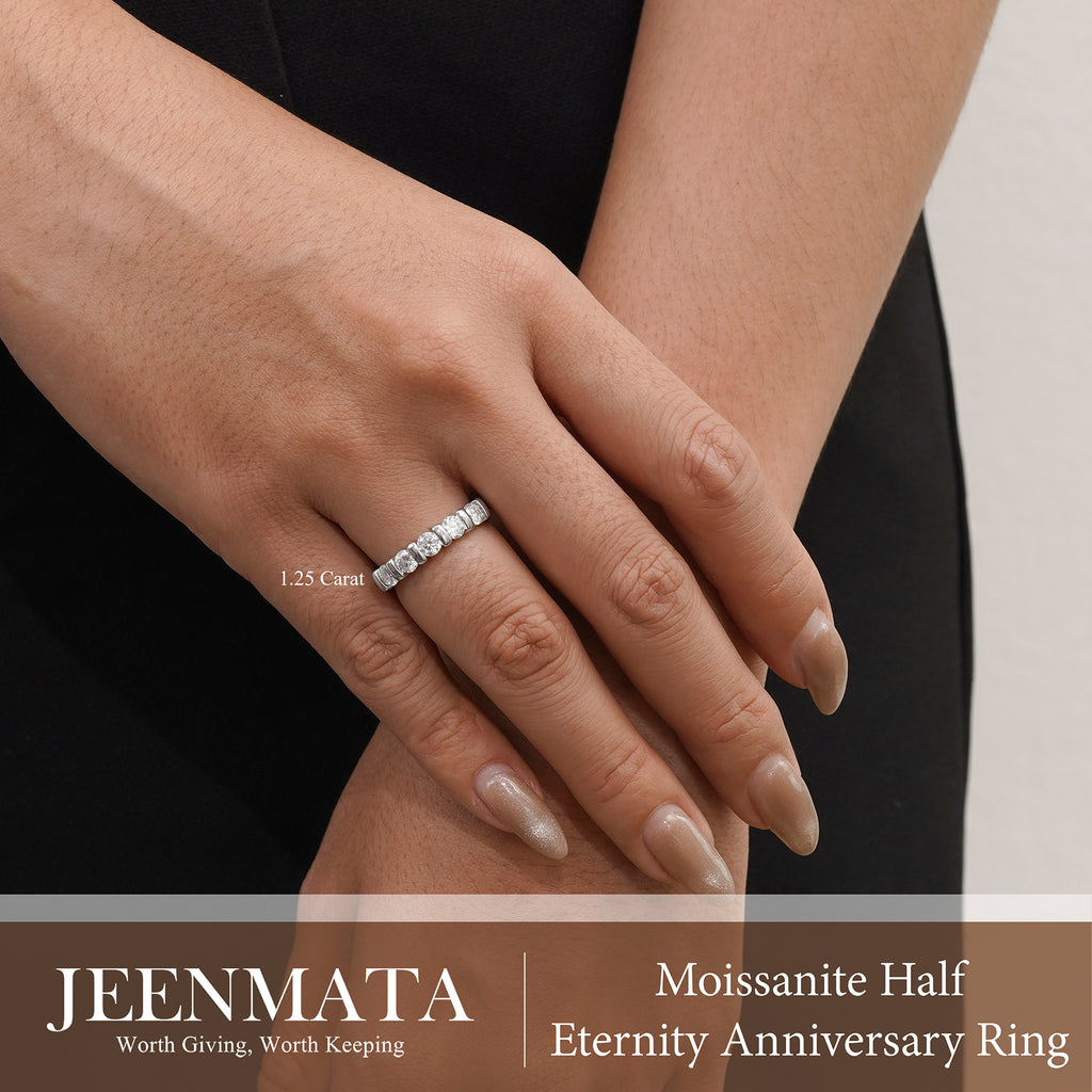 JeenMata 1.25 Carat Moissanite Half Eternity Anniversary Ring - Stackable Wedding Band Rings for Women in 18K White Gold Plating, Wedding Gift for Her