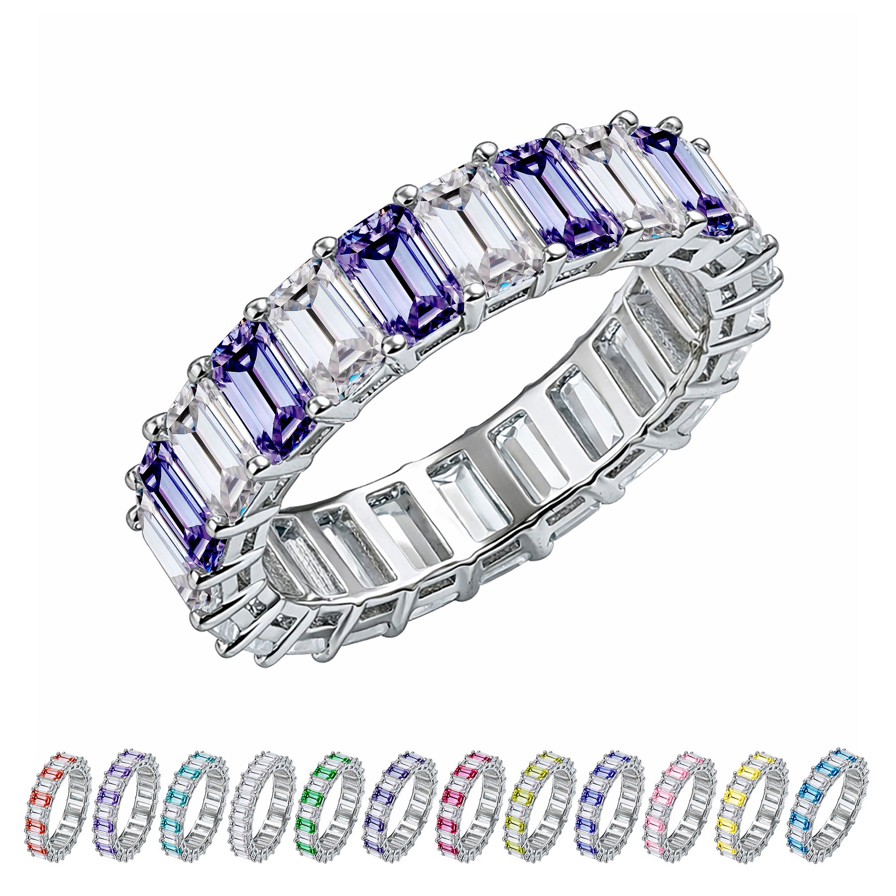 JeenMata 10 Carat Emerald Cut June Birthstone - Multicolor Eternity Wedding Band - Alexandrite & Cubic Zirconia Rings in 18K White Gold Plating for Women