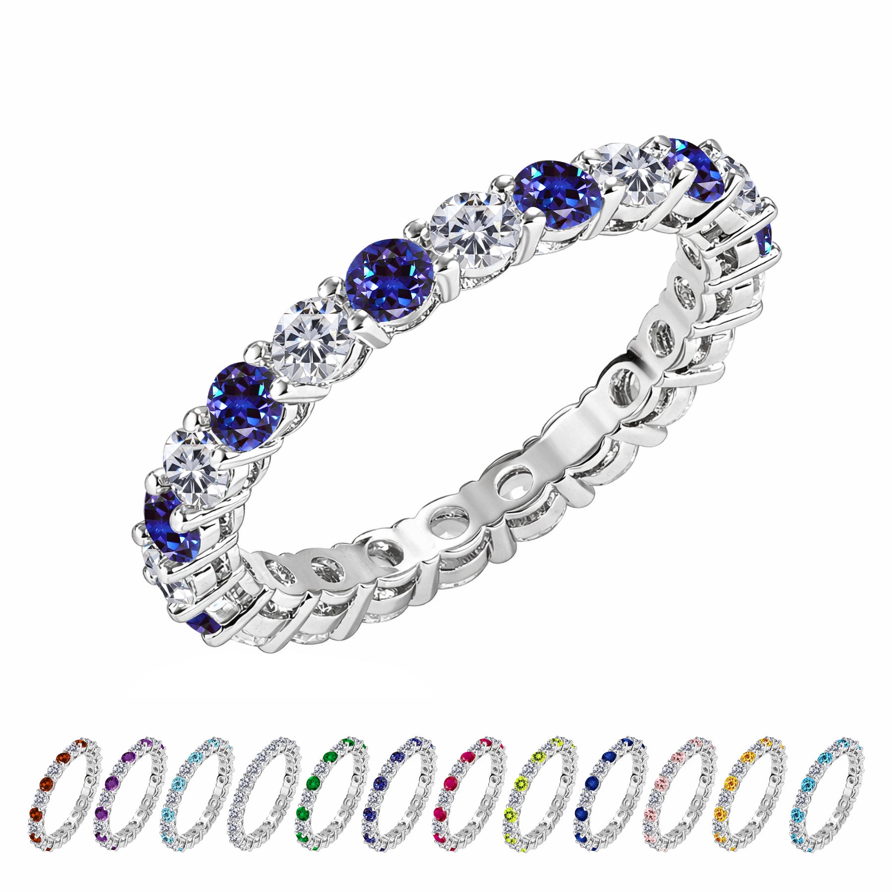 JeenMata 3.5 Carat Round Cut June Birthstone - Multicolor Eternity Wedding Band - Alexandrite & Cubic Zirconia Rings in 18K White Gold Plating for Women