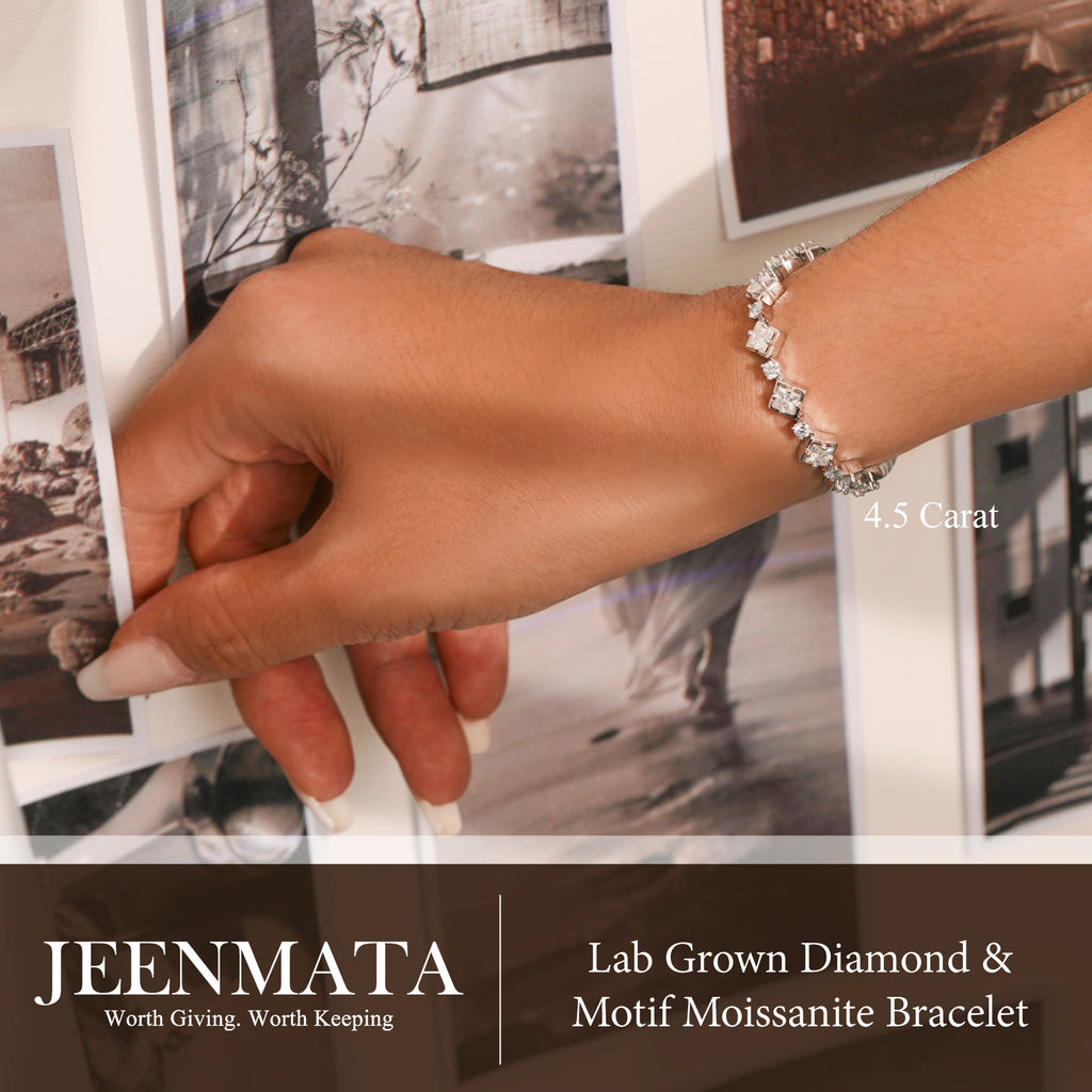 JeenMata 4.5 Carat Round Lab Grown Diamond & Motif Moissanite Bracelet – Elegant Floral Design in 18K White Gold Plating for Women