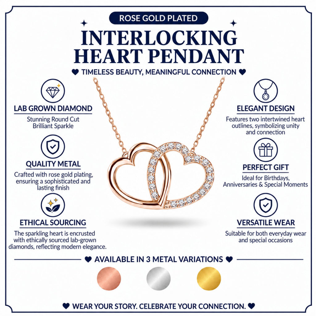JeenMata Lab Grown Diamond Interlocking Heart Shape Pendant Necklace in Rose Gold Plating