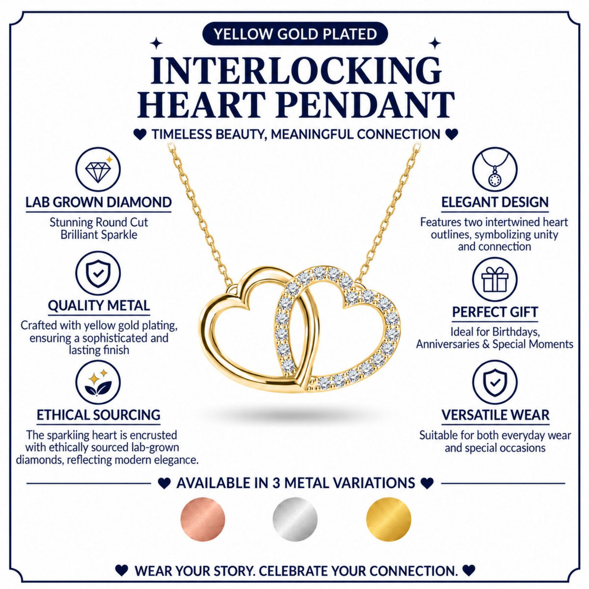 JeenMata Lab Grown Diamond Interlocking Heart Shape Pendant Necklace in Yellow Gold Plating