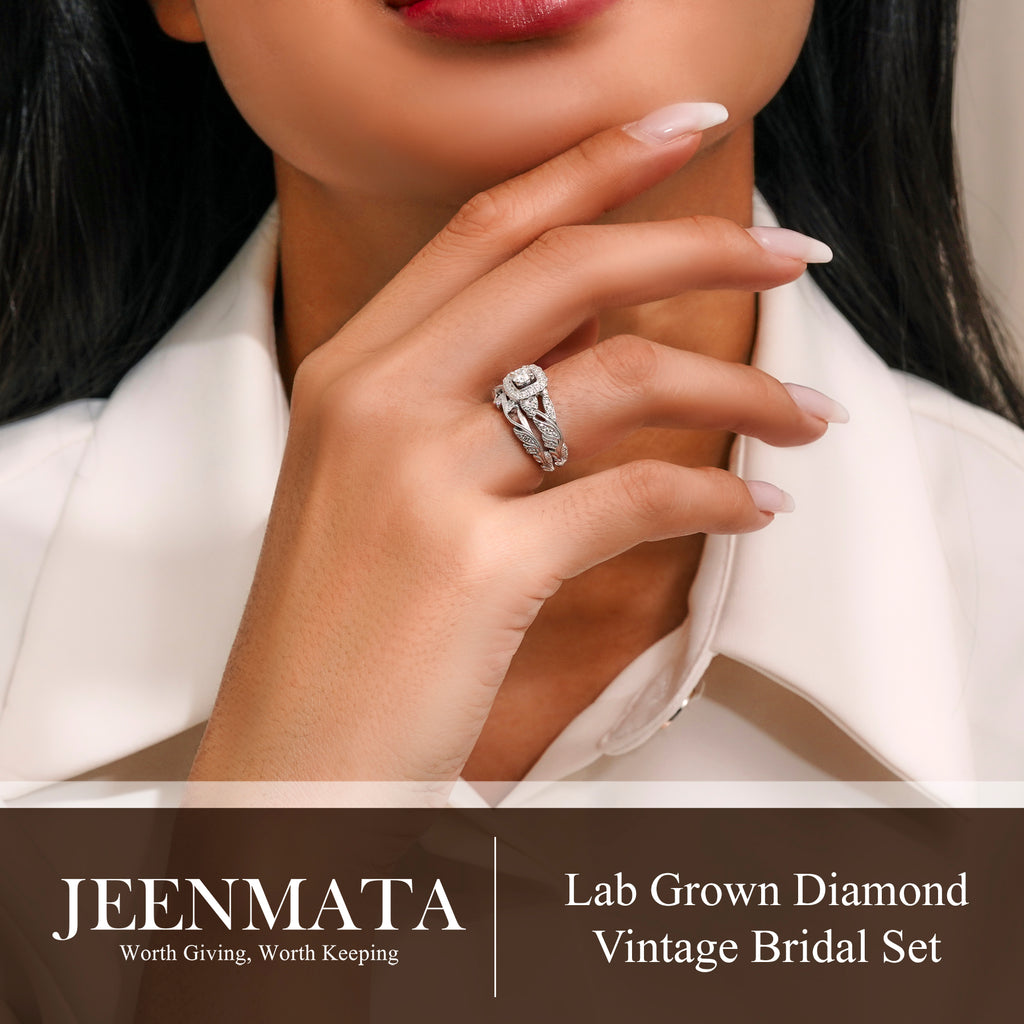 JeenMata Round Cut Lab Grown Diamond - Art Deco Style - Wedding Ring Set in 18K White Gold Plating for Women