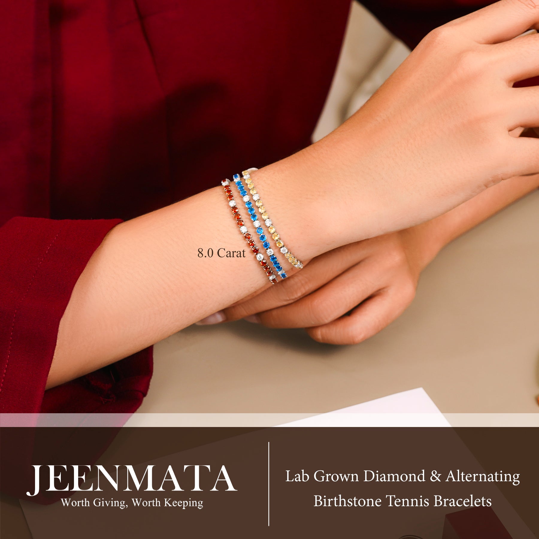 JeenMata 8 Carat Lab Grown Diamond & Emerald Alternating Birthstone Tennis Bracelets - 18K White Gold Plating for Women Eternity Design Bracelet