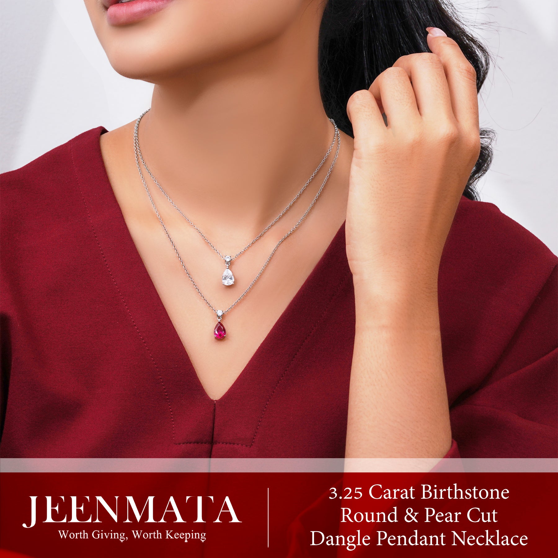 JeenMata 3.25 Carat Alexandrite June Birthstone - Round and Pear Cut Dangle Pendant Necklace in 18k White Gold Plated for Women