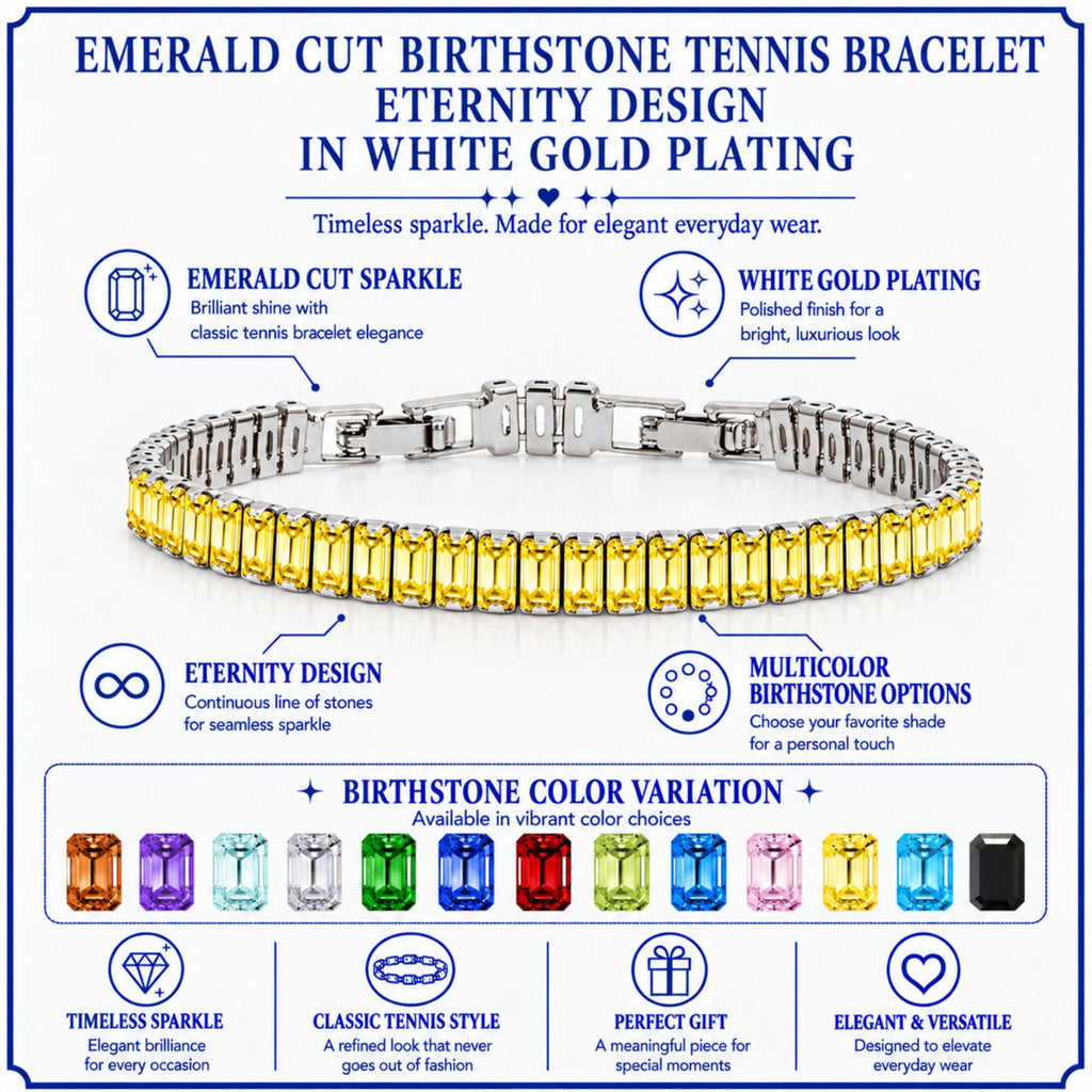 JeenMata 5.5 Carat November Citrine - Emerald Cut Birthstone Tennis Bracelet Eternity Design - White Gold Plating, Female, Adult