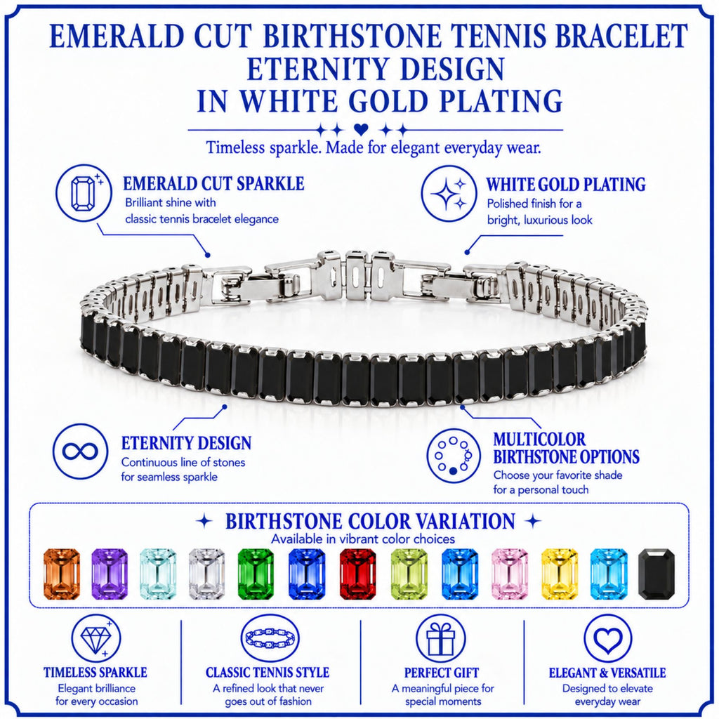 JeenMata 11 TCW Black Cubic Zirconia - Emerald Cut Birthstone Tennis Bracelet for Women in Eternity Design - White Gold Plating, Female, Adult