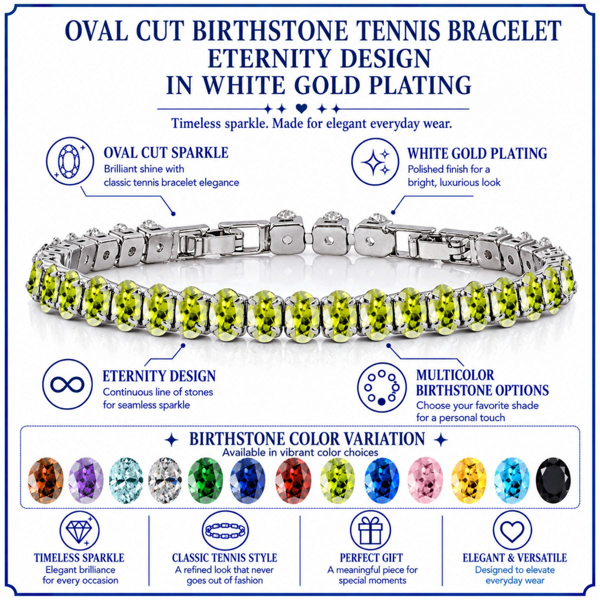 JeenMata 5.5 Carat August Peridot - Oval Cut Birthstone Tennis Bracelet Eternity Design - White Gold Plating, Female, Adult
