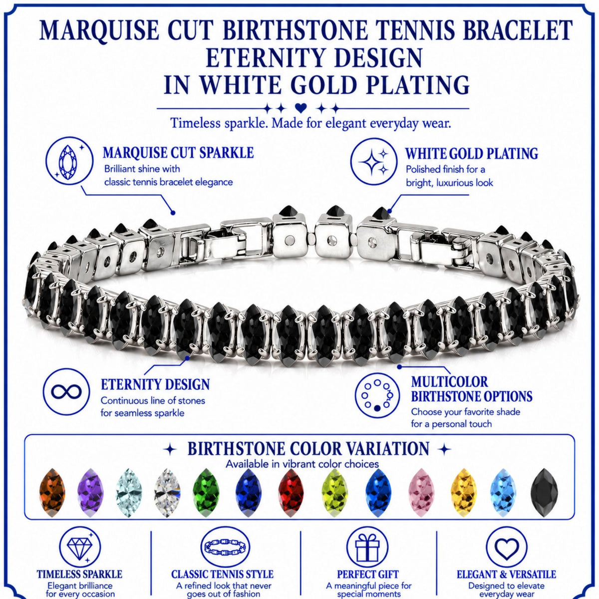 JeenMata 11 TCW Black Cubic Zirconia - Marquise Cut Birthstone Tennis Bracelet for Women in Eternity Design - White Gold Plating, Female, Adult
