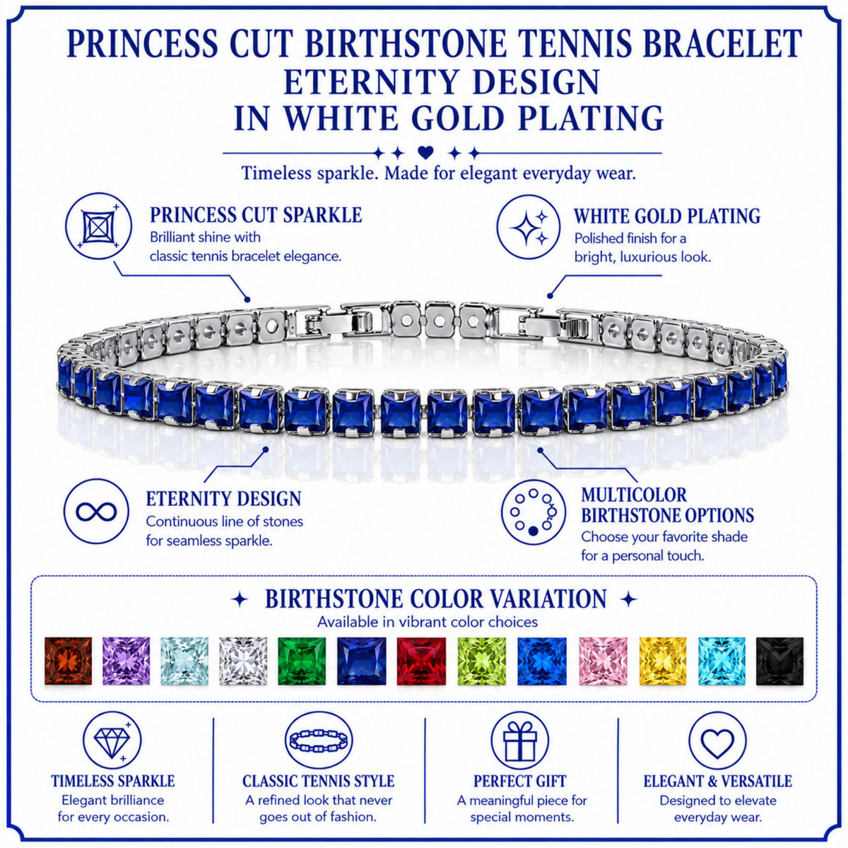 JeenMata 5.5 TCW June Alexandrite - Princess Cut Birthstone Tennis Bracelet for Women Eternity Design - White Gold Plating, Birthday, Anniversary, Valentine's Day Gift
