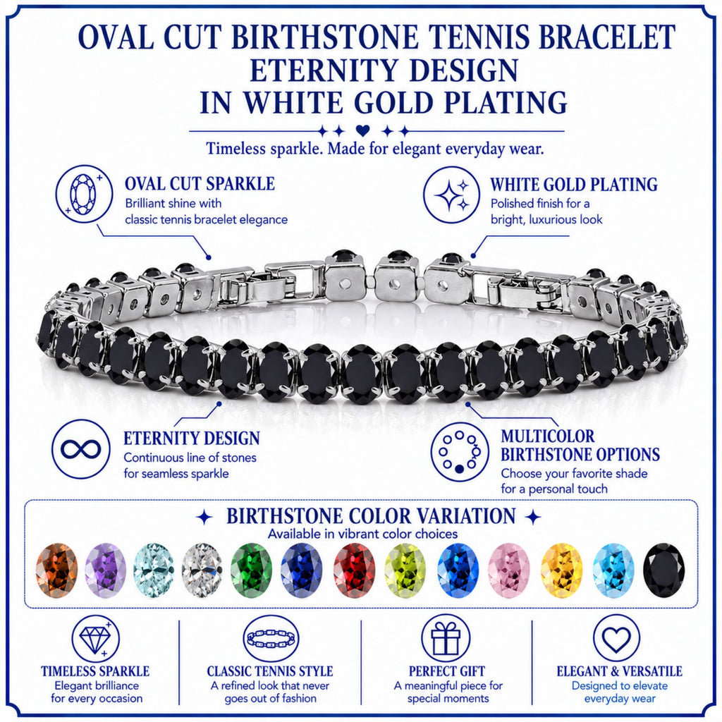 JeenMata 5.5 Carat Black Cubic Zirconia - Oval Cut Birthstone Tennis Bracelet Eternity Design - White Gold Plating, Female, Adult