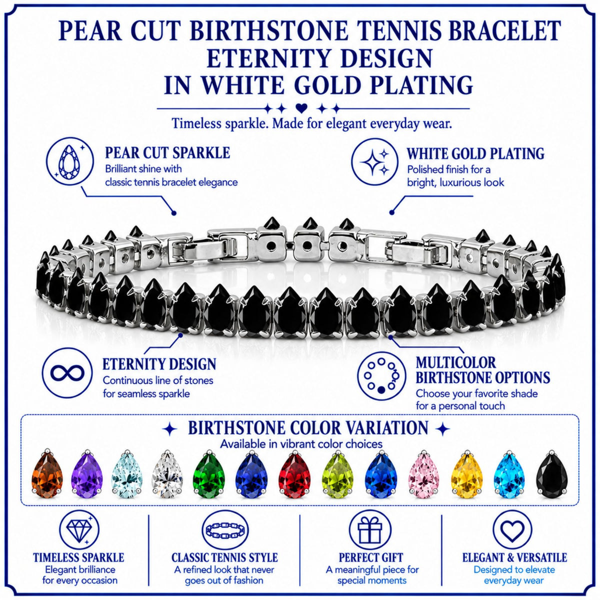 JeenMata 11 TCW Black Cubic Zirconia - Pear Cut Birthstone Tennis Bracelet for Women in Eternity Design - White Gold Plating, Female, Adult
