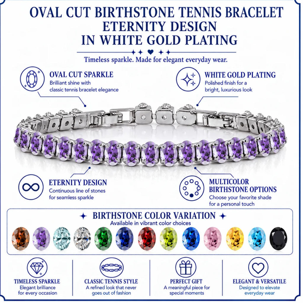 JeenMata 11 TCW February Amethyst - Oval Cut Birthstone Tennis Bracelet for Women in Eternity Design - White Gold Plating, Female, Adult