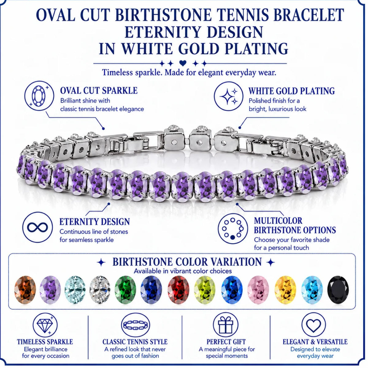 JeenMata 11 TCW February Amethyst - Oval Cut Birthstone Tennis Bracelet for Women in Eternity Design - White Gold Plating, Female, Adult