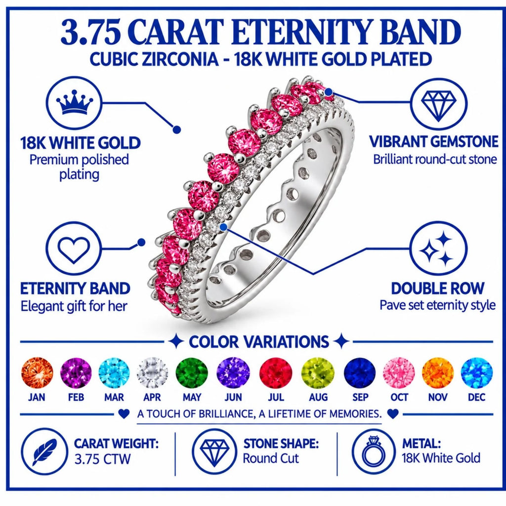 JeenMata 3.75 Carat Round Cut Dowble Row July Birthstone Ring for Her, Ruby Cubic Zirconia Eternity Wedding Band Ring, Anniversary Ring in 18K White Gold Plating for Women