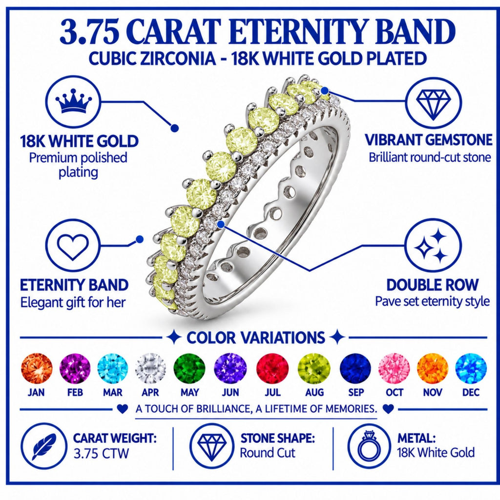 JeenMata 3.75 Carat Round Cut Dowble Row August Birthstone Ring for Her, Peridot Cubic Zirconia Eternity Wedding Band Ring, Anniversary Ring in 18K White Gold Plating for Women