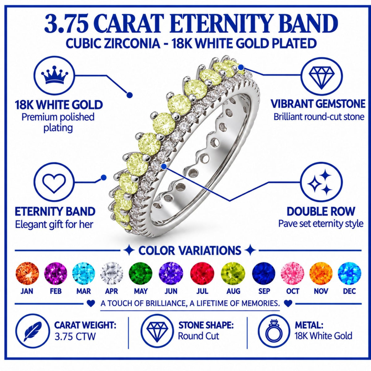 JeenMata 3.75 Carat Round Cut Dowble Row August Birthstone Ring for Her, Peridot Cubic Zirconia Eternity Wedding Band Ring, Anniversary Ring in 18K White Gold Plating for Women