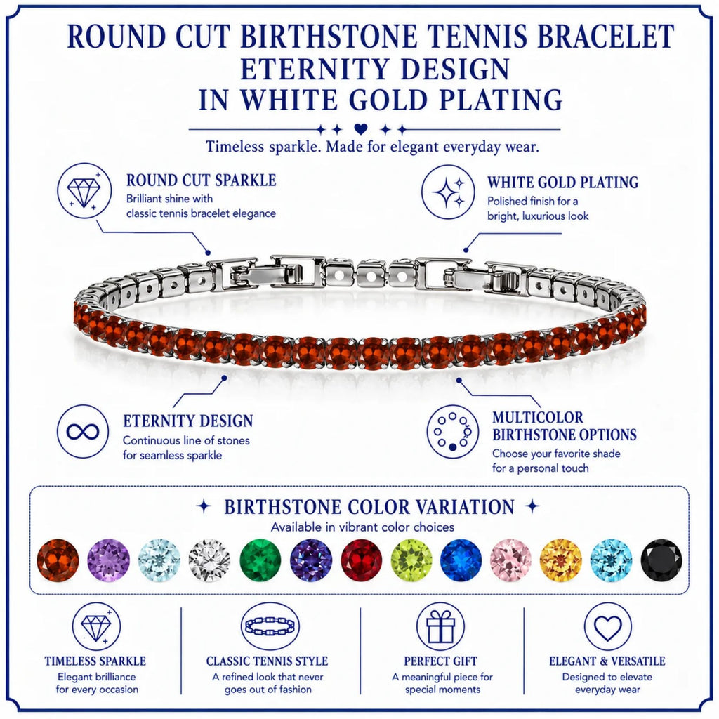 JeenMata 5.5 Carat January Garnet - Round Cut Birthstone Tennis Bracelet Eternity Design - White Gold Plating, Female, Adult