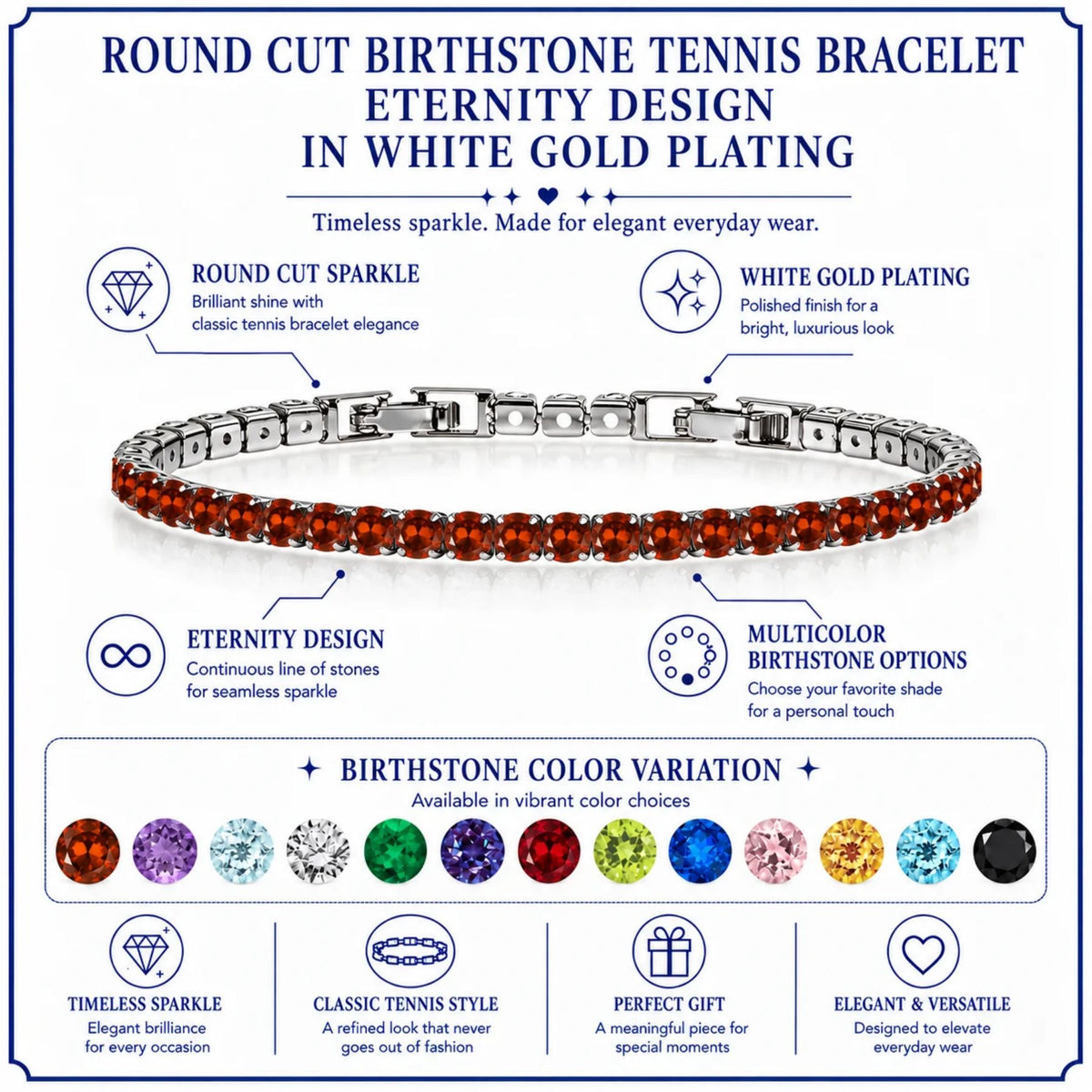 JeenMata 5.5 Carat January Garnet - Round Cut Birthstone Tennis Bracelet Eternity Design - White Gold Plating, Female, Adult