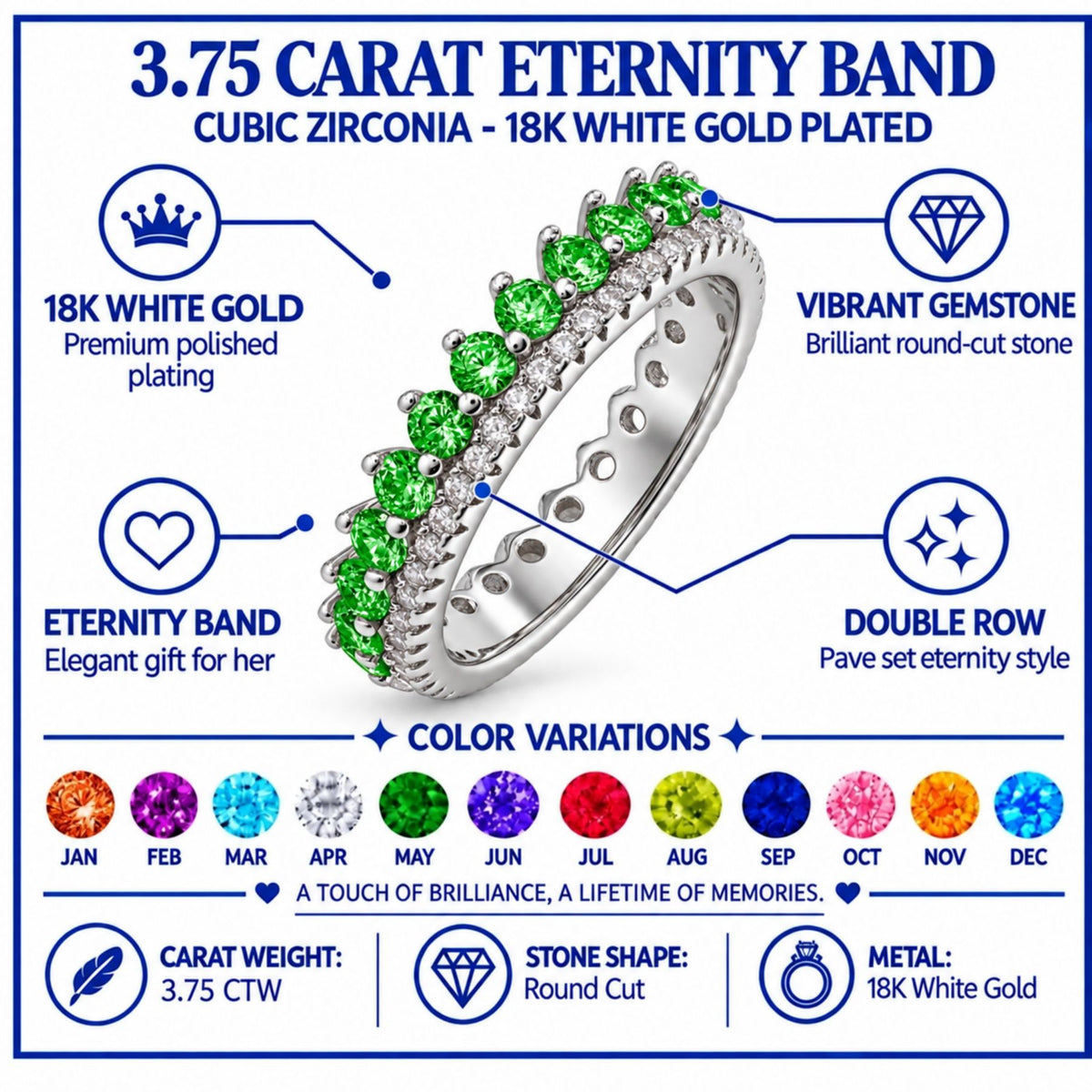 JeenMata 3.75 Carat Round Cut Dowble Row May Birthstone Ring for Her, Emerald Cubic Zirconia Eternity Wedding Band Ring, Anniversary Ring in 18K White Gold Plating for Women