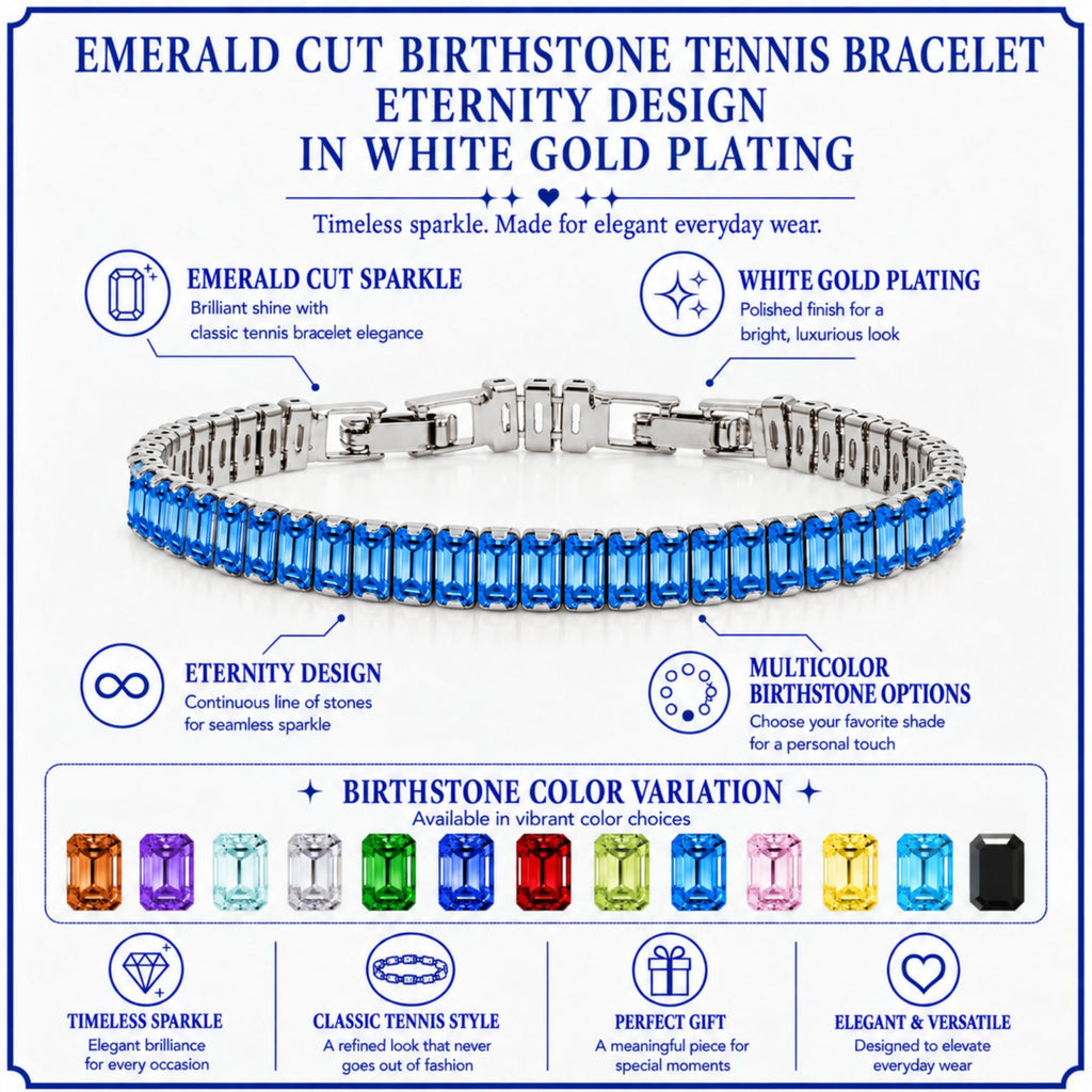 JeenMata 5.5 Carat September Blue Sapphire - Emerald Cut Birthstone Tennis Bracelet Eternity Design - White Gold Plating, Female, Adult
