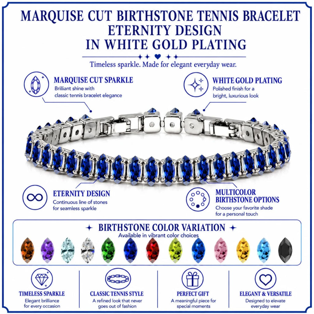 JeenMata 5.5 Carat June Alexandrite - Marquise Cut Birthstone Tennis Bracelet Eternity Design - White Gold Plating, Female, Adult