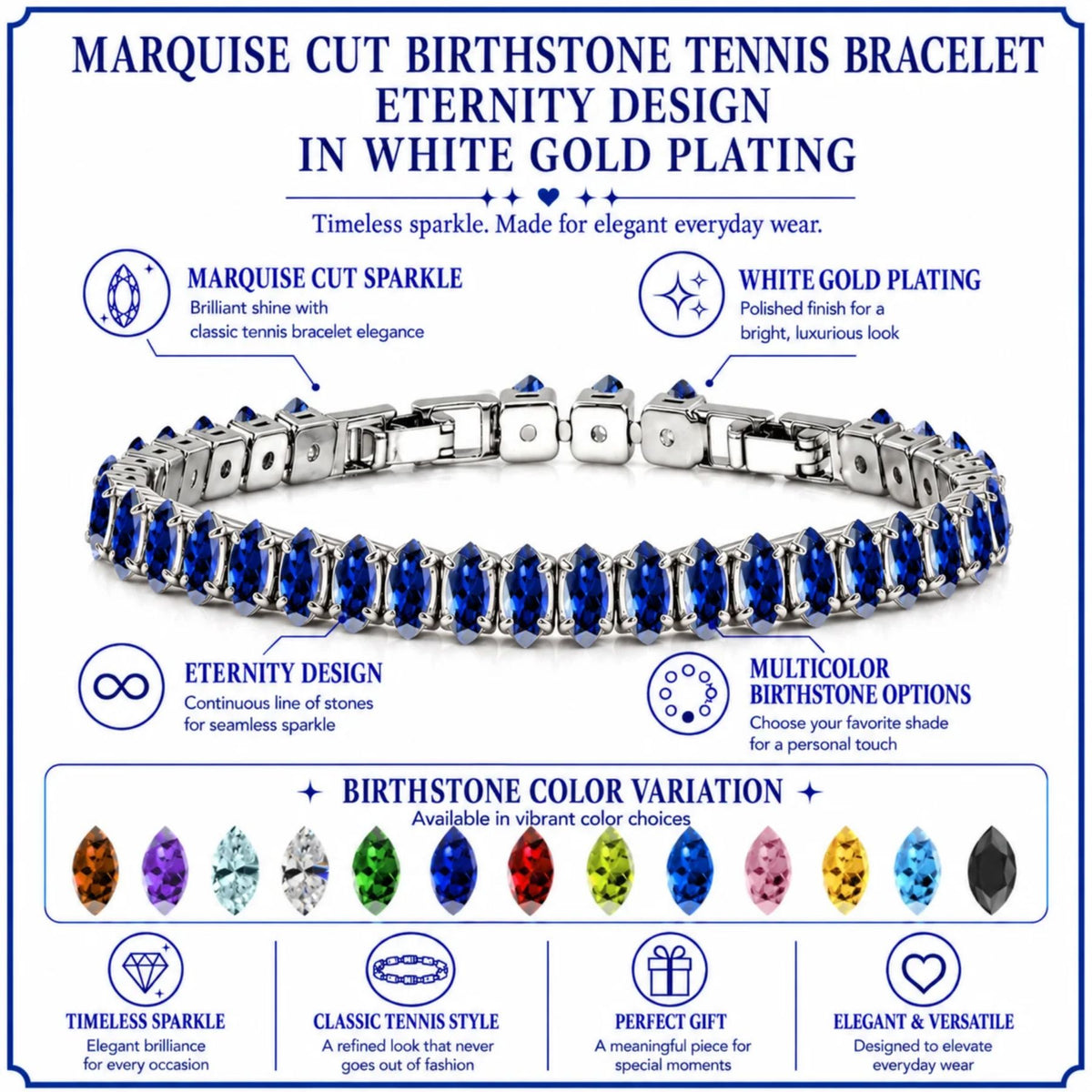 JeenMata 5.5 Carat June Alexandrite - Marquise Cut Birthstone Tennis Bracelet Eternity Design - White Gold Plating, Female, Adult