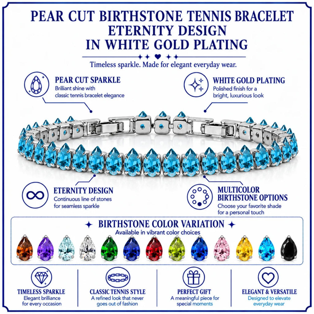 JeenMata 5.5 Carat December Blue Topaz - Pear Cut Birthstone Tennis Bracelet Eternity Design - White Gold Plating, Female, Adult