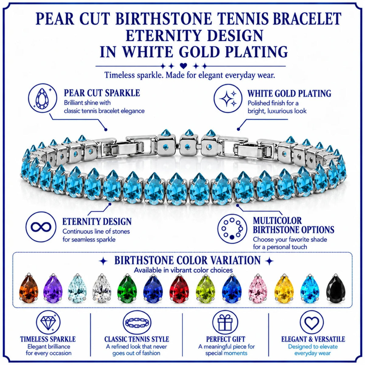 JeenMata 5.5 Carat December Blue Topaz - Pear Cut Birthstone Tennis Bracelet Eternity Design - White Gold Plating, Female, Adult
