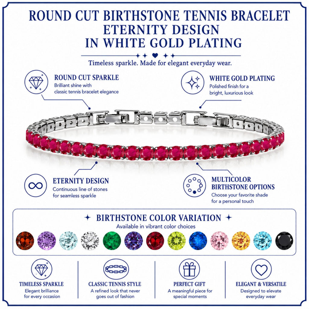 JeenMata 11 TCW July Ruby - Round Cut Birthstone Tennis Bracelet for Women in Eternity Design - White Gold Plating, Female, Adult