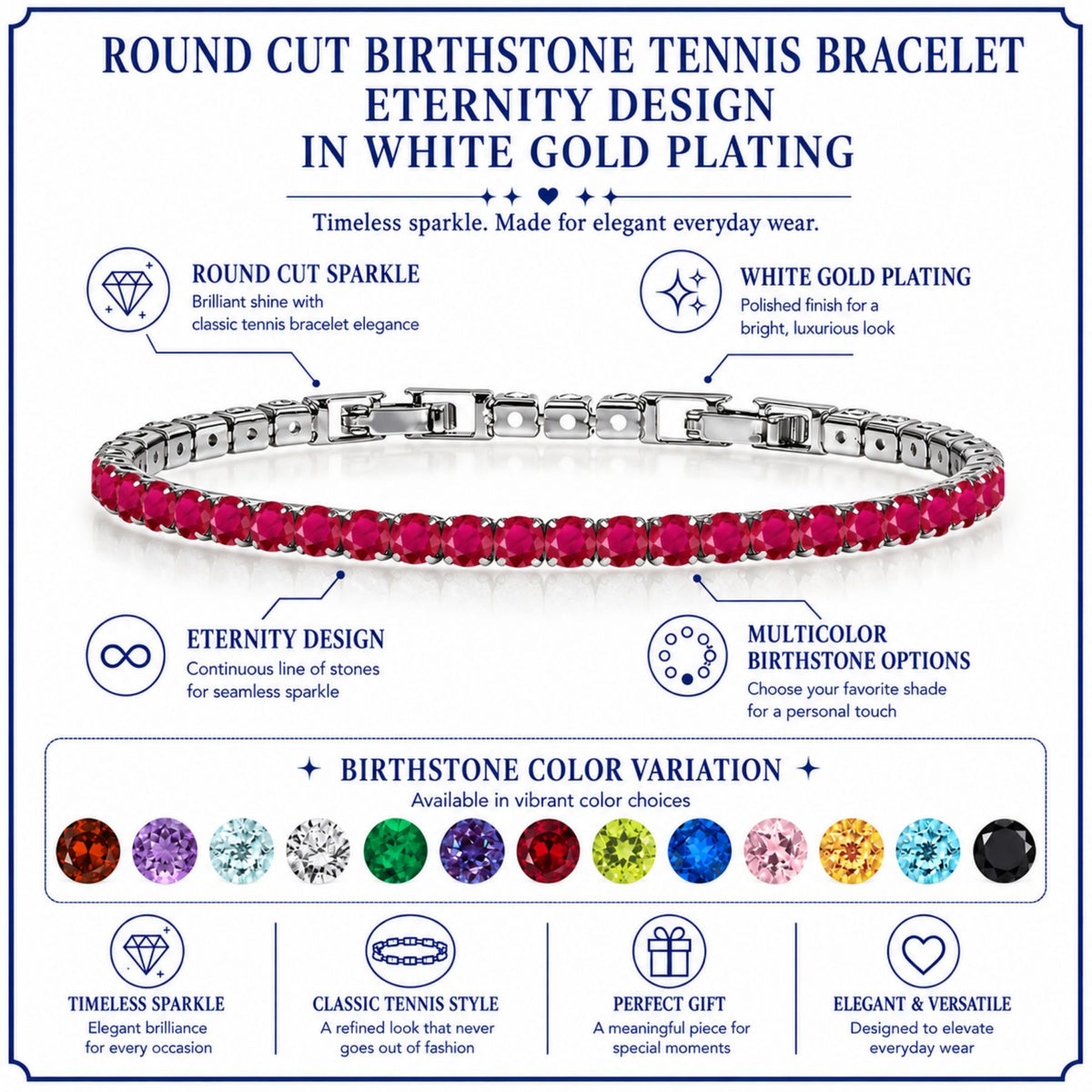 JeenMata 11 TCW July Ruby - Round Cut Birthstone Tennis Bracelet for Women in Eternity Design - White Gold Plating, Female, Adult