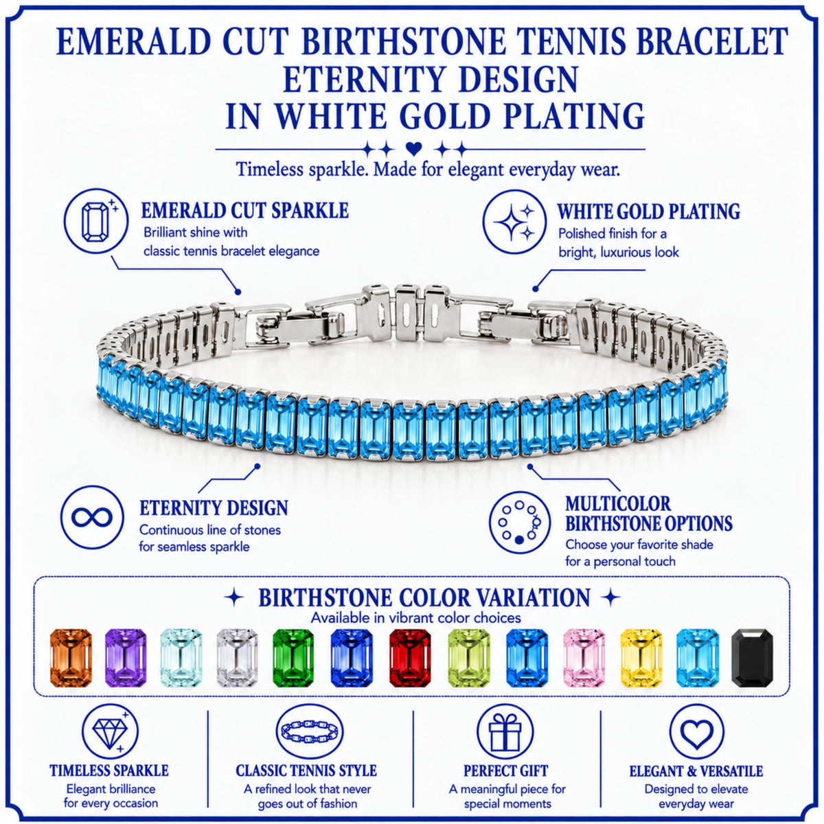 JeenMata 5.5 Carat December Blue Topaz - Emerald Cut Birthstone Tennis Bracelet Eternity Design - White Gold Plating, Female, Adult