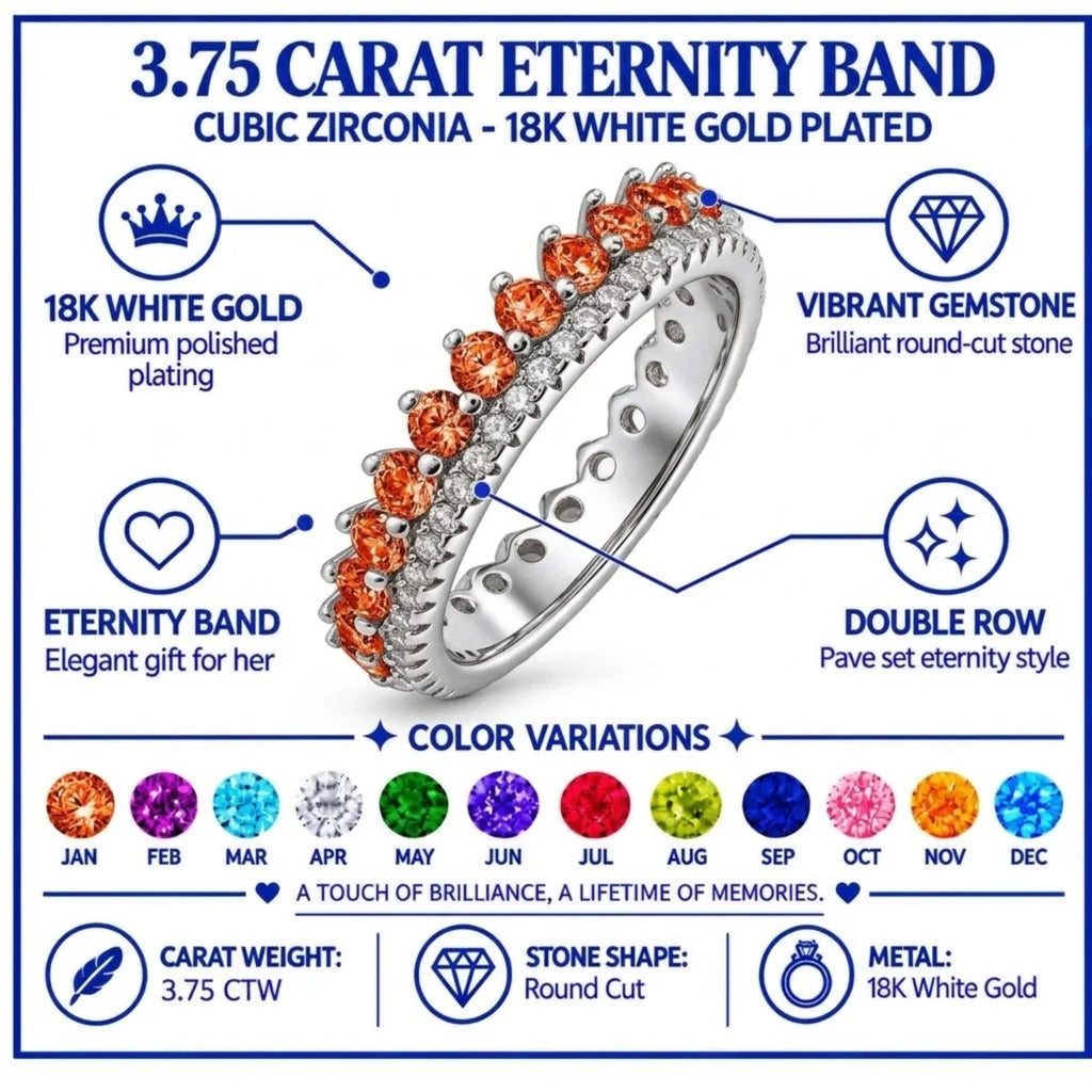 JeenMata 3.75 Carat Round Cut Double Row January Birthstone Ring for Her, Garnet Cubic Zirconia Eternity Wedding Band Ring, Anniversary Ring in 18K White Gold Plating for Women