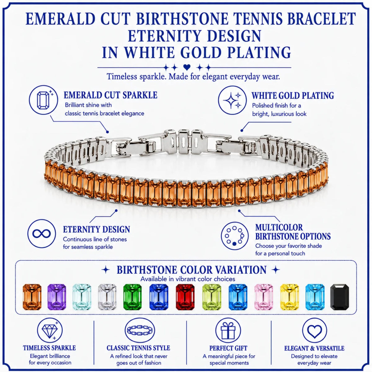 JeenMata 11 TCW January Garnet - Emerald Cut Birthstone Tennis Bracelet for Women in Eternity Design - White Gold Plating, Female, Adult