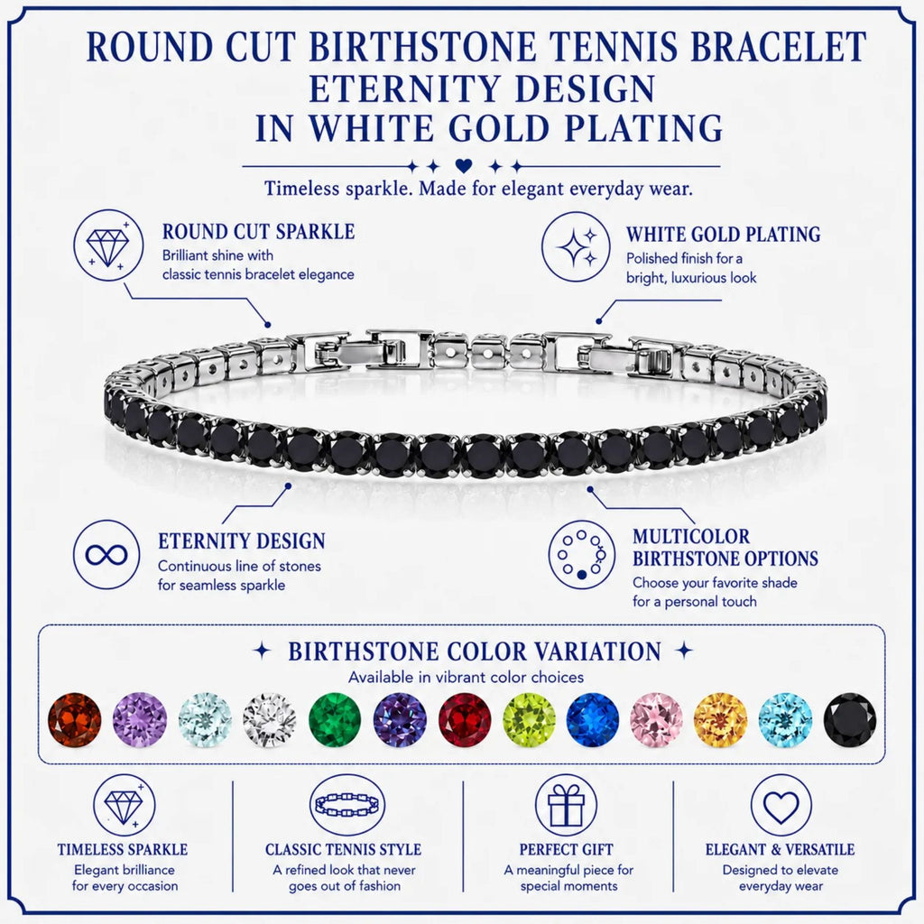 JeenMata 5.5 Carat Black Cubic Zirconia - Round Cut Birthstone Tennis Bracelet Eternity Design - White Gold Plating, Female, Adult
