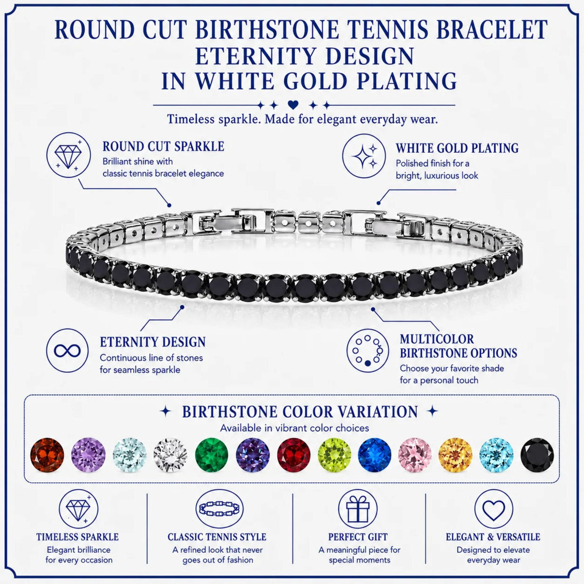 JeenMata 5.5 Carat Black Cubic Zirconia - Round Cut Birthstone Tennis Bracelet Eternity Design - White Gold Plating, Female, Adult