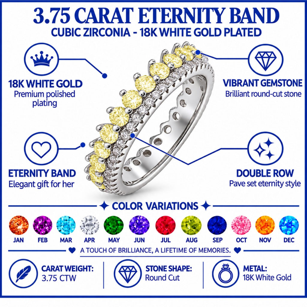 JeenMata 3.75 Carat Round Cut Dowble Row November Birthstone Ring for Her, Citrine Cubic Zirconia Eternity Wedding Band Ring, Anniversary Ring in 18K White Gold Plating for Women
