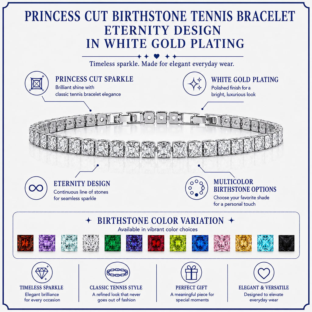 JeenMata 11 Carat April Cubic Zirconia - Princess Cut Birthstone Tennis Bracelet for Women Eternity Design - White Gold Plating, Birthday, Anniversary, Valentine's Day Gift