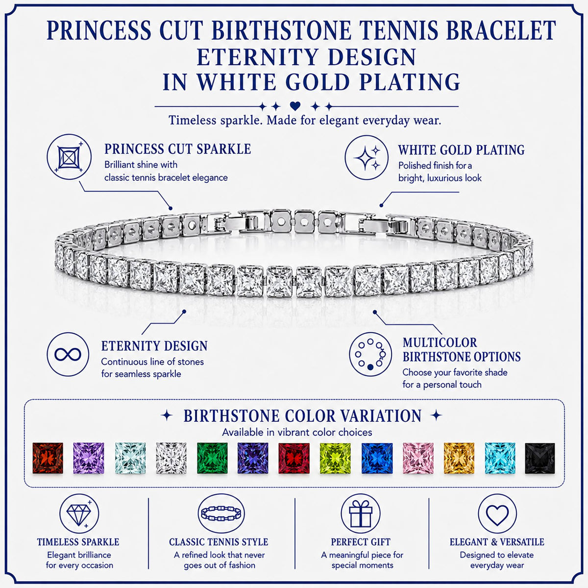 JeenMata 11 Carat April Cubic Zirconia - Princess Cut Birthstone Tennis Bracelet for Women Eternity Design - White Gold Plating, Birthday, Anniversary, Valentine's Day Gift