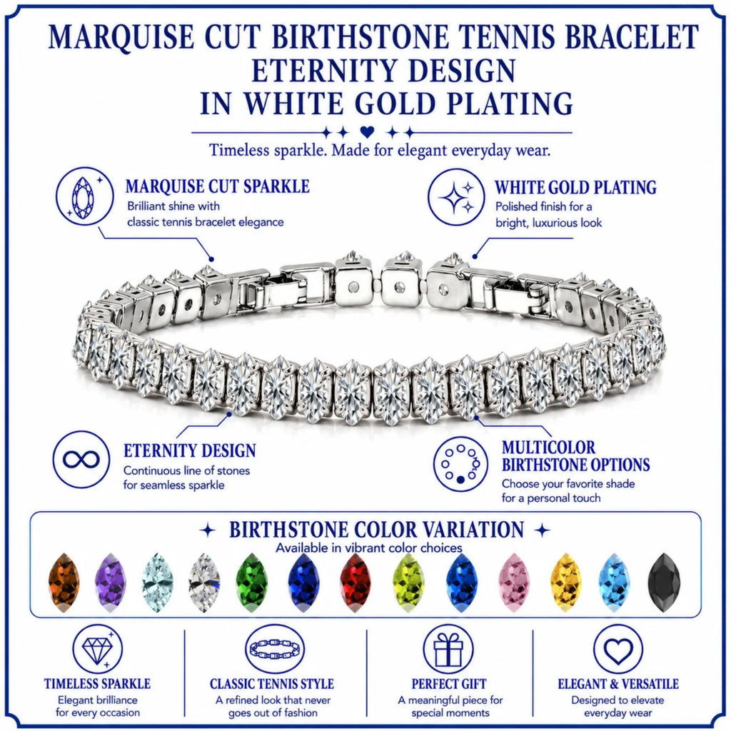JeenMata 11 TCW April Cubic Zirconia - Marquise Cut Birthstone Tennis Bracelet for Women in Eternity Design - White Gold Plating, Female, Adult